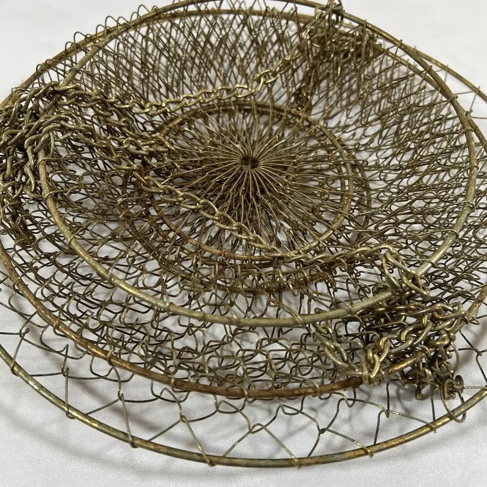 Vintage 3 Tier Distress Brass Gold Patina Metal Hanging Wire Fruit Basket